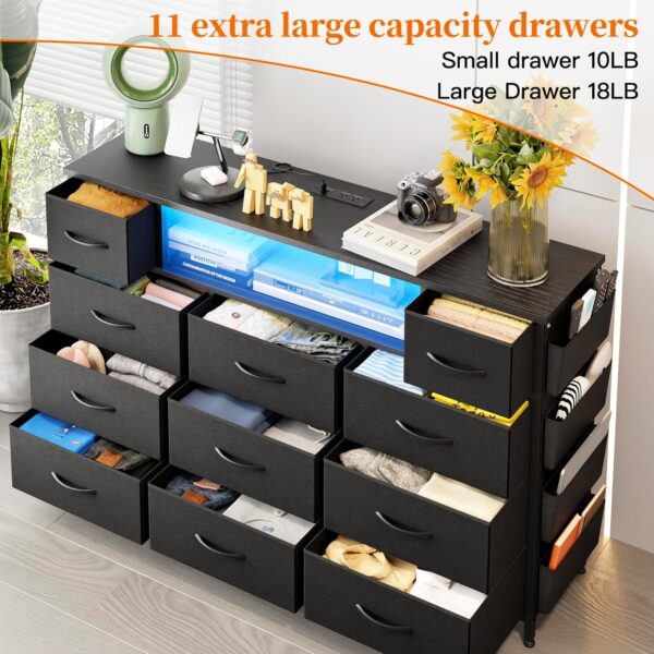 Fixwal Black Dresser for Bedroom with Power Outlets and LED Lights 11 Drawers Dresser with Side Pocket for Kids Bedroom, Fabric Chest of Drawers, for 60inch TV Long Dresser Storage Organizer - Image 4
