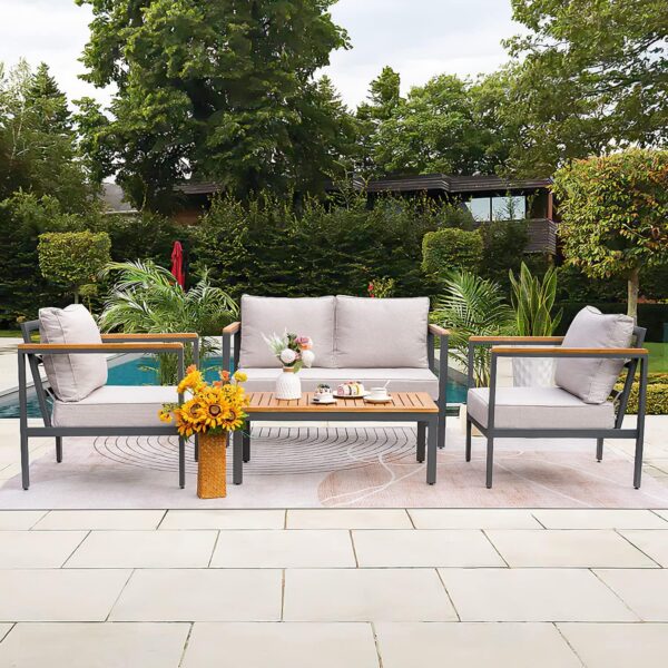 Greesum 4 Piece Furniture Patio Lounge Conversation Set Solid Wood Armrest & Table Top Anti-Drop Thick Waterproof Cushion, Beige - Image 2