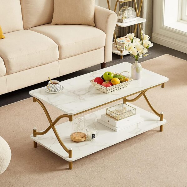 VECELO White and Gold Coffee Table with Storage and Open Shelves for Living Dining Room 39-Inch, Modern Rectangle & Industrial Design, X-Shape Frame, Easy Assemble - Image 2