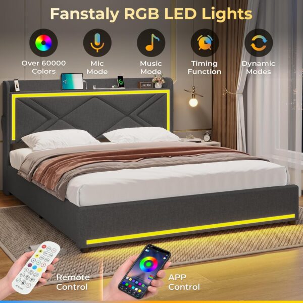 LED Full Bed Frame with Storage Headboard, Modern Upholstered Platform Bed with Type-C & USB Charging Station and 4 Drawers, Solid Wooden Slats, No Box Spring Needed, Dark Grey - Image 3