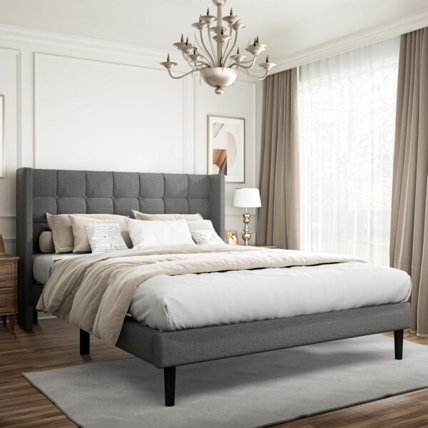Queen Size Platform Bed Frame with Upholstered Headboard and Wingback, Mattress Foundation with Wooden Slat Support, No Box Spring Needed, Easy Assembly, Noise Free, Dark Gray - Image 9