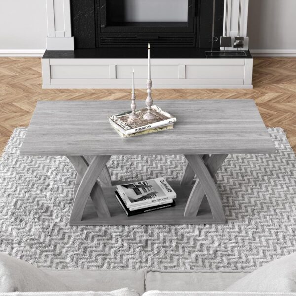 Farmhouse Coffee Table with Shelf, Wood Coffee Table for Living Room, Open Display Area,47” Grey - Image 3