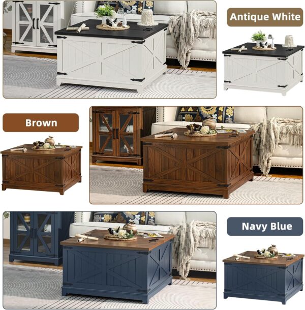 Farmhouse Coffee Table with Hidden Storage Organizer, Modern Square Large Center Table, Wood Farm House Low Navy Blue Living Room Tables with Hinged Lift Top for Home, Office - Image 7