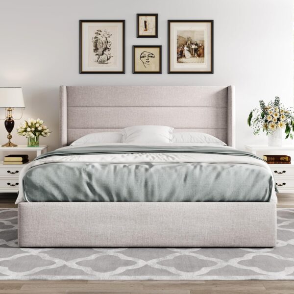 Allewie Full Size Lift Up Storage Bed, Modern Wingback Headboard, No Box Spring Needed, Hydraulic Storage, Light Beige - Image 6