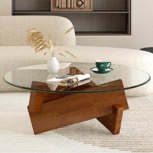 Coffee Table, Round Coffee Table for Living Room Modern Glass Coffee Table with Solid Wood Legs Farmhouse Mid Century Center Table Large Circle Cocktail Table (Walnut + Transparent, 31.5in)