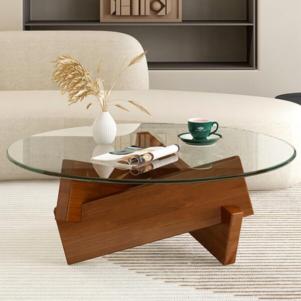 Coffee Table, Round Coffee Table for Living Room Modern Glass Coffee Table with Solid Wood Legs Farmhouse Mid Century Center Table Large Circle Cocktail Table (Walnut + Transparent, 31.5in)