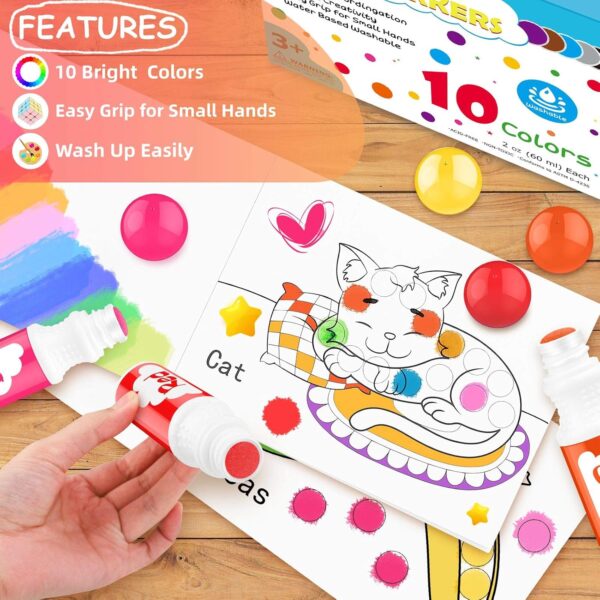 Soucolor Washable Dot Markers for Toddlers Kids Preschool, 10 Colors 2 oz Bingo Daubers Paint Markers Set with 48 Pages Tearable Activity Book for Toddler Arts and Crafts Kits Supplies, Water-Based - Image 4