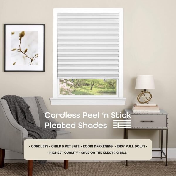 Cordless Room Darkening Temporary Pleated Vinyl Window Shades - 36 Inch Width, 75 Inch Length - White - 1-2-3 Peel N' Stick - Light Filtering Pull Down Blinds for Windows by Achim Home Decor - Image 2