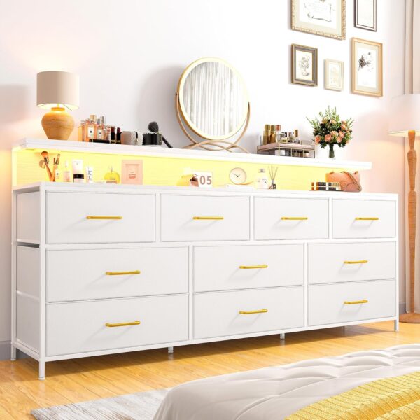 EnHomee 55" W White Dresser for Bedroom with 10 Drawers Long Dressers & Chests of Drawers with LED Lights & Power Outlets Large Dresser for Bedroom Dresser for Closet, Hallway, Metal Frame, White - Image 7