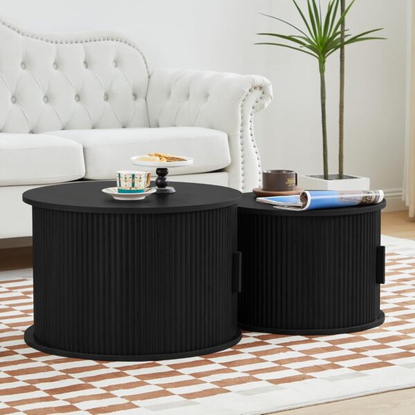 Coffee Table, Modern Round Coffee Table Set of 2 with Storage Compartment and Sliding Door, Side End Accent Table for Living Room, Bedroom, Apartment, Office (Black) - Image 3