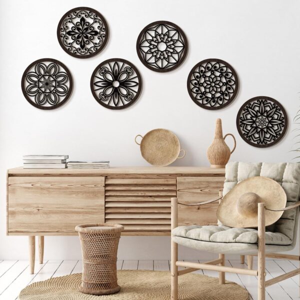 Ferraycle 6 Pieces Thicken Rustic Wall Decor Farmhouse Wall Art Decor Wooden Round Wall Art Rustic Hollow Carved Wall Art for Living Room Bedroom Kitchen Decor Small Size 9.8" x 9.8" (Black Brown) - Image 4