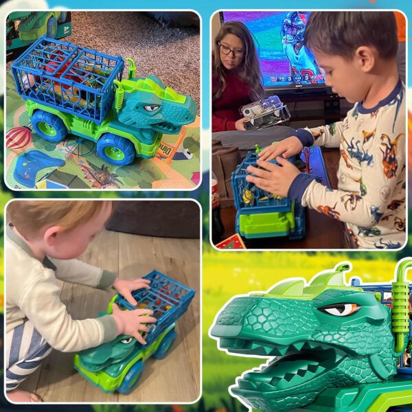 TEMI Dinosaur Truck Toys for Kids 3-5 Years, Tyrannosaurus Transport Car Carrier Truck with 8 Dino Figures, Activity Play Mat, Dinosaur Eggs, Trees, Capture Jurassic Play Set for Boys and Girls - Image 3