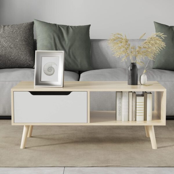 Cozy Castle Modern Wooden Coffee Table with Storage, Minimalist Hallway Mid Century Cocktail Table for Living Room Apartment Reception, Oak - Image 3