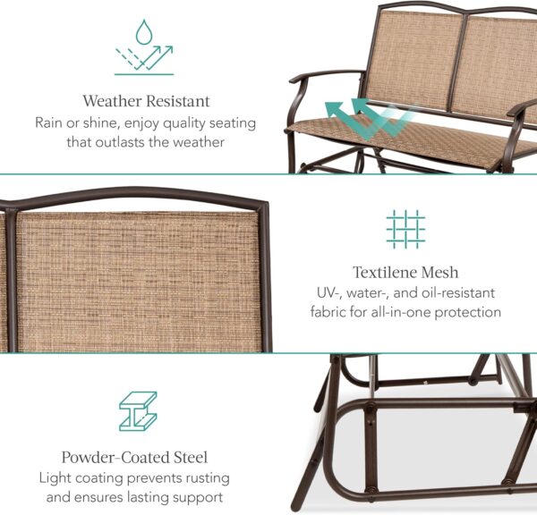 Best Choice Products 2-Person Outdoor Patio Swing Glider Steel Bench Loveseat Rocker for Deck, Porch w/Textilene Fabric, Steel Frame - Brown - Image 5