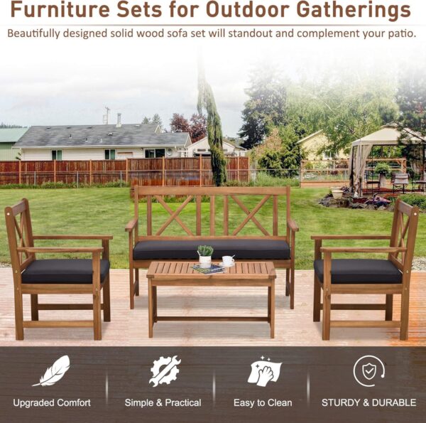 Outsunny 4 Piece Acacia Wood Outdoor Patio Furniture Set with 2 Armchairs, 1 Sofa, & 1 Coffee Table, Cushions Included - Image 3