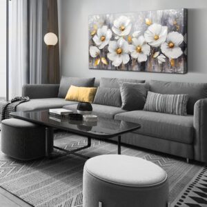 CIRABKY Flower Wall Art for Bedroom - White Wall Decor - Gold Wall Art for Living Room Office Artwork Canvas Pictures Size 20" x 40"