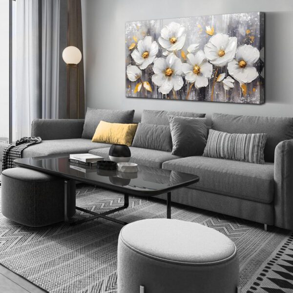 CIRABKY Flower Wall Art for Bedroom - White Wall Decor - Gold Wall Art for Living Room Office Artwork Canvas Pictures Size 20" x 40"