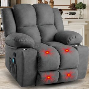 Oversized Swivel Rocking Recliner Chairs for Adults, Lazy Boy Reclining Glider with Cup Holder and Massage,Wide Fabric Rocker Single Sofa for Living Room Bedroom, Dark Grey