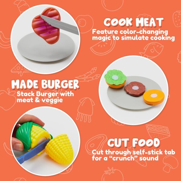 Kids BBQ Grill Playset, Kitchen Toy Set with Pretend Smoke, Light, Sound & Color-Changing Food, Toy Kitchen Accessories, Indoor Outdoor Cooking Toy for Boys Girls Kids - Image 5