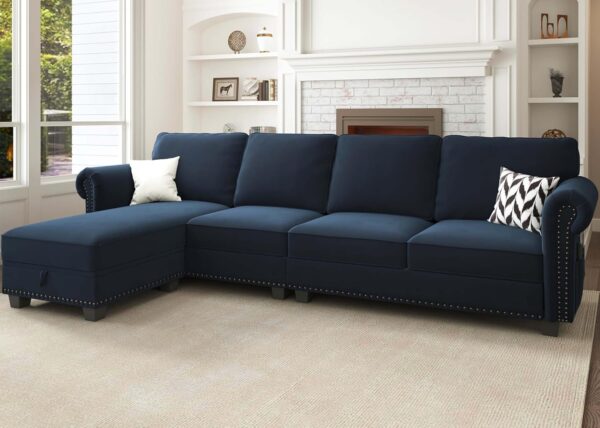 Nolany Velvet Sectional Sofa, L Shaped Sectional Couch with Reversible Chaise Convertible 4 Seater Sofa Couch for Small Space Living Room, Dark Blue - Image 5