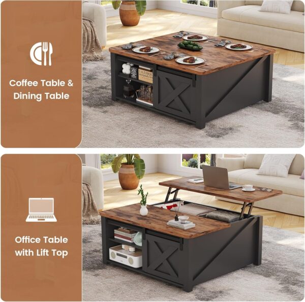 SEDETA 31.5" Lift Top Coffee Table with Storage, Square Coffee Table for Living Room, Farmhouse Coffee Table with Large Hidden Storage Compartment and Adjustable Shelves, Black - Image 4