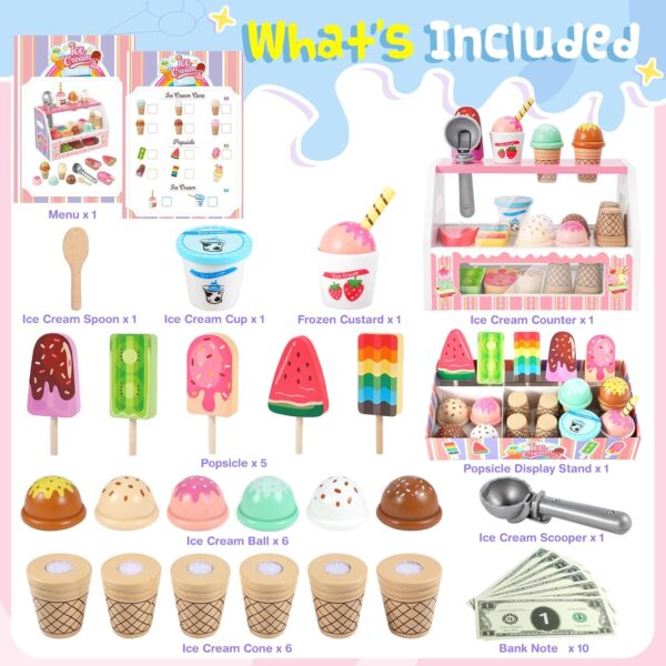 Ice Cream Toy, Wooden Ice Cream Toys for Kids Toddlers, Pretend Play Kitchen Food Toys, Ice Cream Counter Shop Playset for Kids, Kids Ice Cream Cart, Toys for 3 4 5 6 7 8 Year Old Girls Boys - Image 2