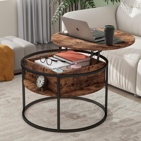 HOJINLINERO Round Lift Top Coffee Table,Coffee Tables Living Room,Black Coffee Table with Storage Hidden Compartment,Wood Farmhouse Coffee Table Decor,Center Table for Living Room,Modern Coffee Table - Image 3