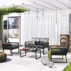 Patiorama 4 Piece Patio Furniture Set, Outdoor Wicker Bistro Set, All-Weather Black PE Rattan Conversation Set w/Coffee Table, Loveseat, Wood-like Armrest, Cushions for Garden Balcony Deck, Dark Grey