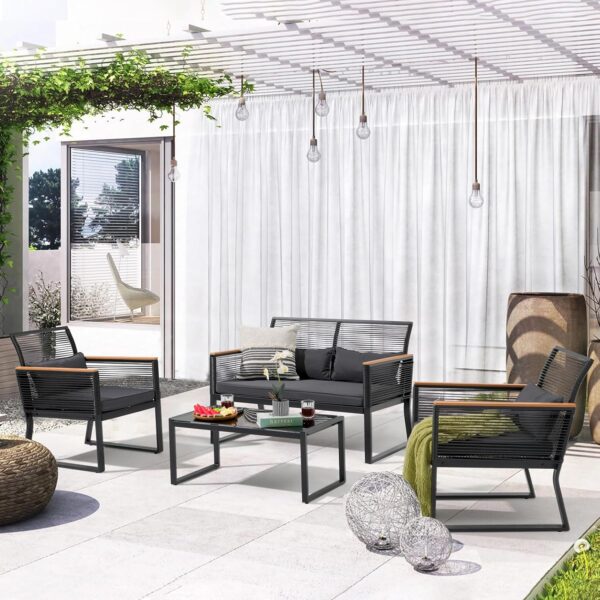 Patiorama 4 Piece Patio Furniture Set, Outdoor Wicker Bistro Set, All-Weather Black PE Rattan Conversation Set w/Coffee Table, Loveseat, Wood-like Armrest, Cushions for Garden Balcony Deck, Dark Grey