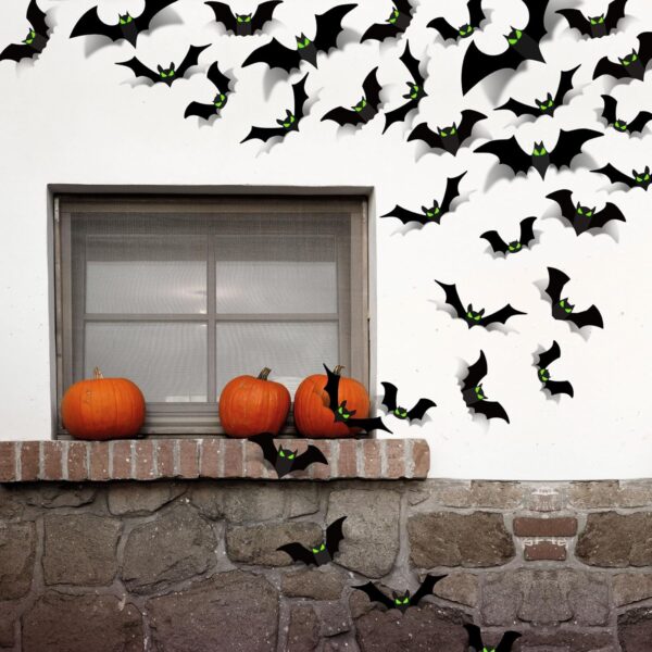 Halloween Decorations - Bats Wall Decor Halloween Decorations Indoor Halloween Party Decorations Halloween Decor 3D Bats for Home Room Bathroom Wall Outdoor 124 Pcs Glow Eyes Bats Gothic Decor - Image 5