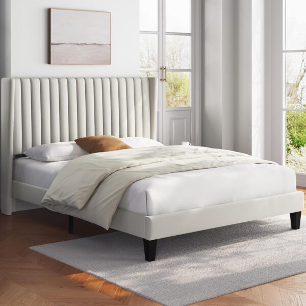 Yaheetech Queen Bed Frame Upholstered Platform Bed with Fabric Headboard, Wing Edge Design/Non-Slip and Noise-Free/Wooden Slats Support/No Box Spring Needed/Easy Assembly, Beige Queen Bed - Image 3