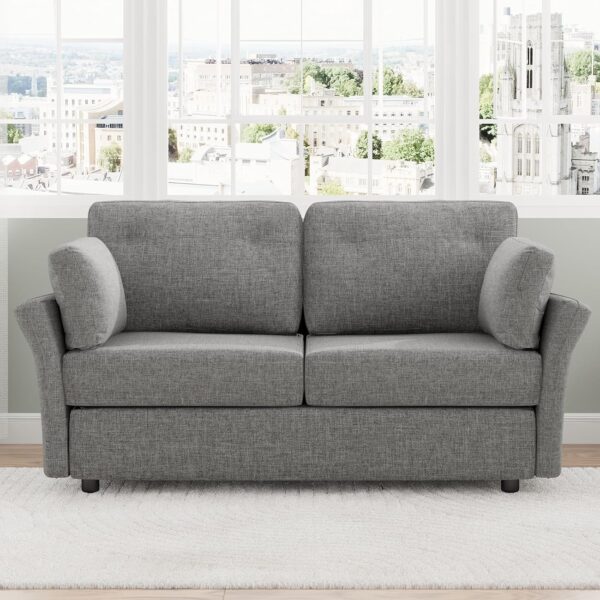 Novilla 57" Loveseat Sofa Small Couch for Living Room, Linen Fabric Upholstered Loveseat Sofa Couch, Small Loveseat Sofa with 2 Bolster Pillows for Apartment, Bedroom, Toolless Assembly, Grey - Image 3