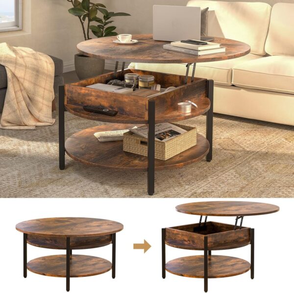 FABATO Round Lift Top Coffee Table for Living Room, 35.43'' Round Coffee Table with Storage and Hidden Compartment, 2 Tier Large Farmhouse Coffee Table Round Dining Table, Rustic Brown - Image 4