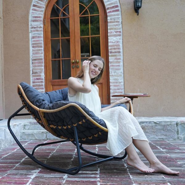 SWITTE Outdoor Rocking Chair, Patio Egg Rocking Chair, Indoor Papasan Chair, Rattan Wicker Lounge Chair, Modern Royal Chair for Bedroom, Living Room, Porch, Garden, Lawn-Dark Grey - Image 7
