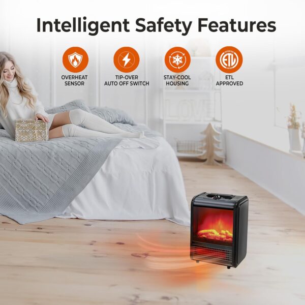 Comfort Zone Electric Mini Fireplace Space Heater with Realistic 3D Flame, Stay-Cool Body, Carry Handle, Overheat Sensor, and Safety Tip-Over Switch, Ideal for Home, Bedroom, & Office, 1,200W, CZFP1BK - Image 5