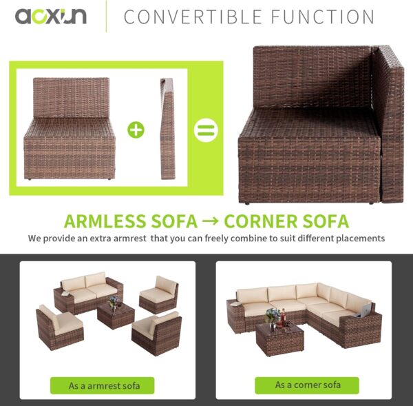 Aoxun 7 Pieces Patio Furniture Set Outdoor Wicker Rattan Furniture 44” Fire Pit Table Outdoor Sectional Sofa Include Waterproof Cover with Thickened Cushions (7 Piece, Beige) - Image 4