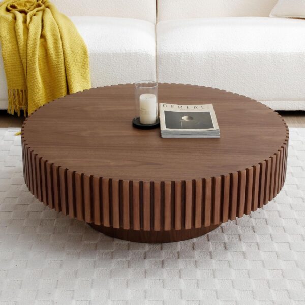 JUSTONE 31.49" Round Coffee Table, Farmhouse Wood Coffee Table for Living Room,Circle Drum Coffee Table with Handcrafted Relief for Apartment ø31.49'' x 13.77''H (Walnut)