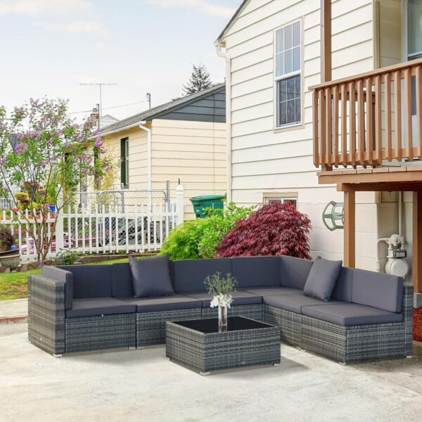 Outsunny 7-Piece Patio Furniture Sets Outdoor Wicker Conversation Sets All Weather PE Rattan Sectional Sofa Set with Cushions & Tempered Glass Desktop, Grey - Image 2