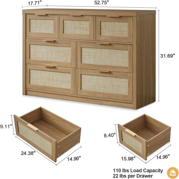 7 Drawer Dresser, Large Dresser for Bedroom, Rattan Chests of Drawers with Metal Handle and Wide Drawers, Wood Dressers Organizer TV Stand, 52.76" W x 17.72" D x 31.69" H - Image 2