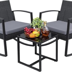 Greesum 3 Pieces Outdoor Furniture Set Patio Bistro Rocking Chairs with Glass Coffee Table for Pool Beach Backyard Balcony Porch Deck Garden, Gray