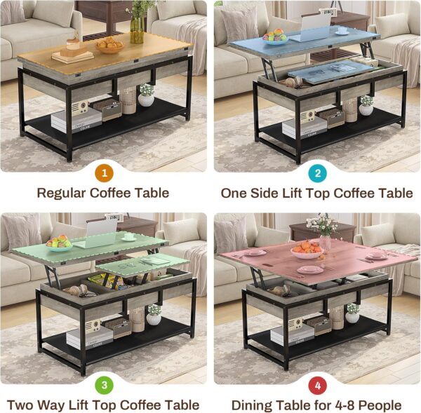 Itaar Lift Top Coffee Table, 4 in 1 Coffee Tables with Storage for Living Room, Farmhouse Coffee Table Converts to Dining Table for Living Room, Home Office, Grey - Image 4