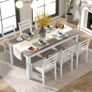 RITSU 7 Piece Modern Wooden Dining Set, Include Multifunctional Extendable Table with 12” Leaf and 2 Drawers & 6 Soft Cushion Chairs, for Diningroom, Living Room
