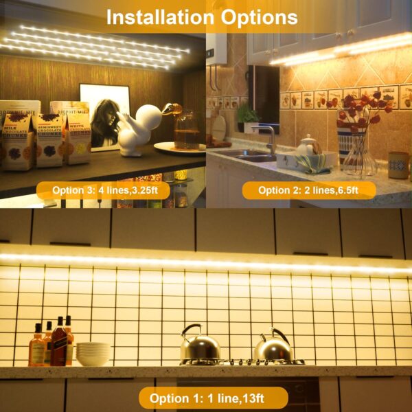 LAFULIT Under Cabinet Lighting Kit - 8 PCS, 2700K Warm White Flexible LED Strip Lights with Remote and Power Adapter for Kitchen Cabinets, Shelf, Desk, Counter - 13ft - Image 2