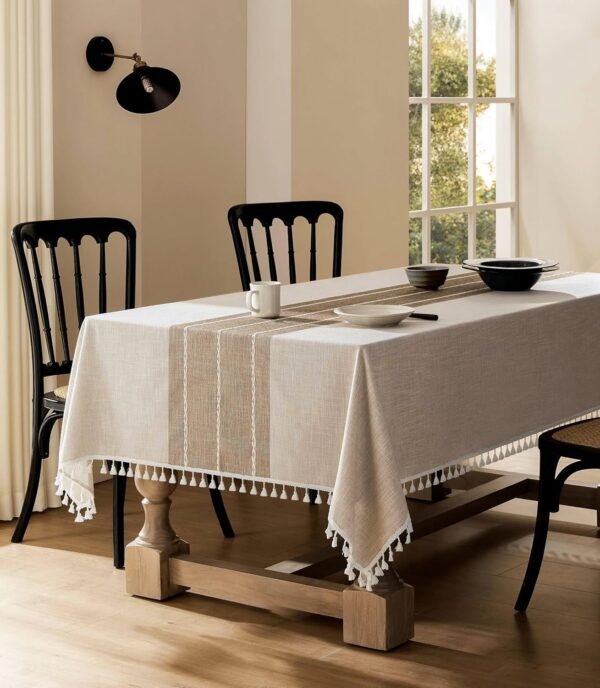 ZeeMart Rustic Cotton Linen Table Cloth Rectangle Table Cloths 60x84 Inch Brown, Farmhouse Style Heavy Weight Contrast Neutral Tablecloth, Water Resistant Burlap Tablecloths - Image 2