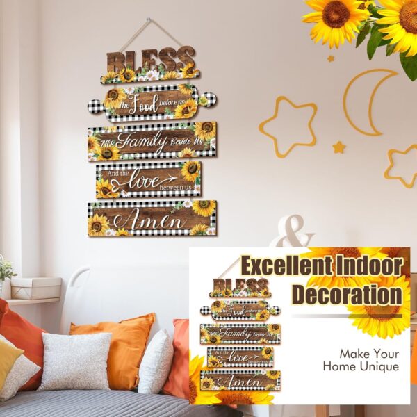 Sintuff Sunflower Kitchen Wall Decor Bless The Food Before Us Sign Farmhouse Kitchen Wooden Wall Signs Rustic Dining Room Wall Art Country Vintage Hanging Decoration for Home Room (Plaid Style) - Image 5