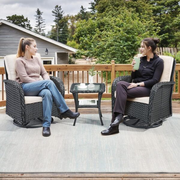 Outdoor Swivel Glider Rocker Chairs - 3 Piece Patio Furniture Set, Patio Bistro Sets with Tempered Glass Side Table, for Balcony, Porch - Black Wicker, Beige Cushion - Image 5