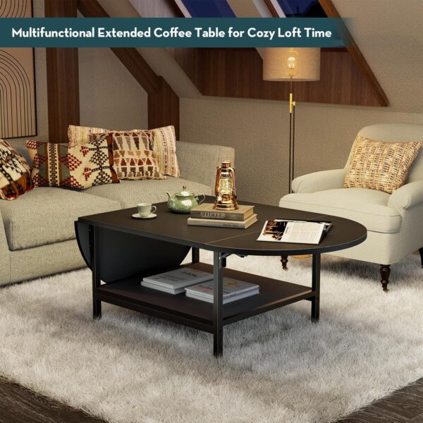 SAYGOER Black Coffee Table Modern Extended Coffee Tables with Storage for Living Room 2-Tier Unique Center Table with Two Foldable Panel for Any Large or Small Space, All Black - Image 6