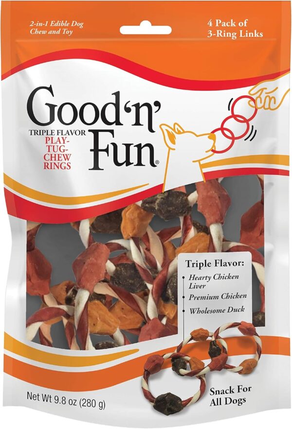 Good ’n’ Fun Triple Flavor Play-Tug-Chew Rings 4 Count, Snack For All Dogs