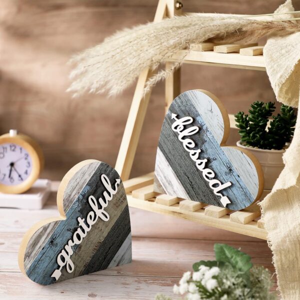Jetec 2 Pcs Rustic Wood Home Sign Farmhouse Love Wooden Heart Shaped Table Centerpiece Valentines Day Decoration for Home Kitchen Living Room Dining Room Table Decoration (Grateful Style) - Image 6
