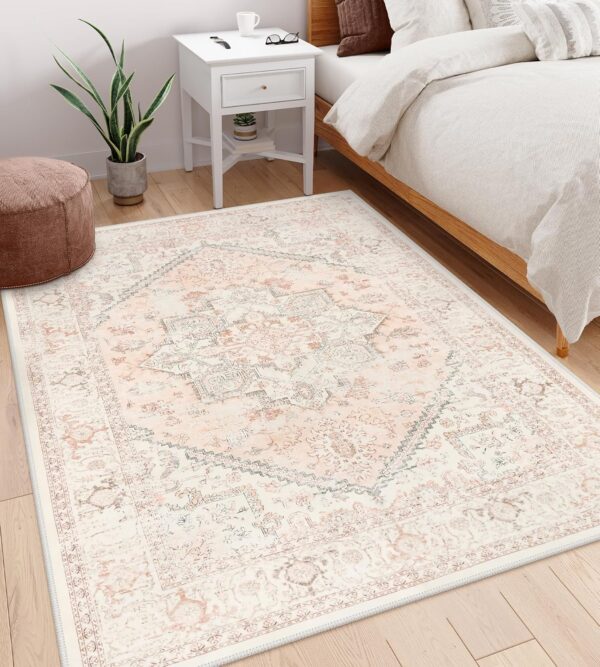 LIVEBOX Pink Area Rug 5x7 - Large Oriental Floral Living Room Rug Vintage Non-Slip Indoor Rug Aesthetic for Bedroom, Soft Retro Carpet Print Distressed Accent Rug for Apartment, Pink - Image 7